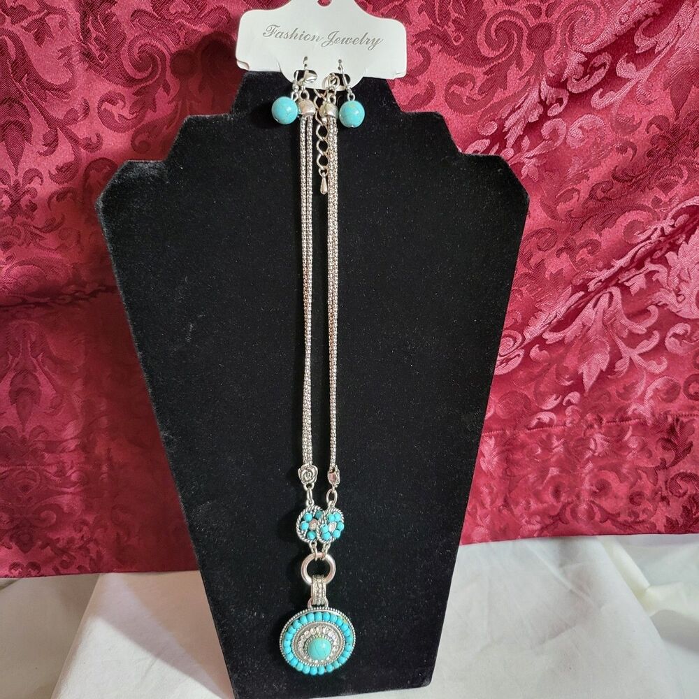 Fashion Jewelry Set Turquoise and Rhinstones Necklace & Earrings